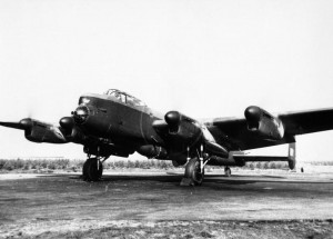 An Avro Lancaster B Mark 1 (Special) of No. 617 Squadron RAF, loaded with a 22,000-lb MC deep-penetration bomb (Bomber Command executive code word 'Grand Slam'), running an engine test in its dispersal at Woodhall Spa, Lincolnshire.